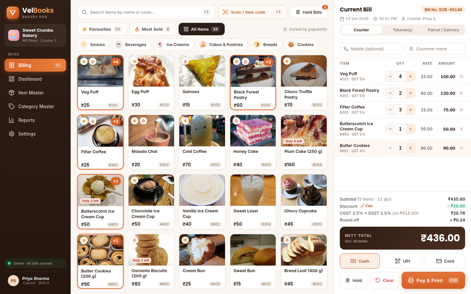 VelBooks POS billing screen: item tiles with categories, favourites and most-sold tabs, a search and scan box, and the current bill with GST, discount, round-off and Cash, UPI and Card buttons