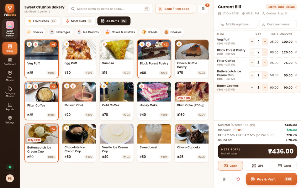 VelBooks POS on a tablet-sized screen: compact side menu, item grid and the current bill with Pay and Print
