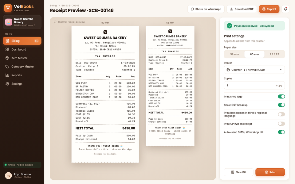 VelBooks POS receipt preview for 80 mm and 58 mm thermal paper with GST breakup, round-off and payment, plus print settings and Share on WhatsApp